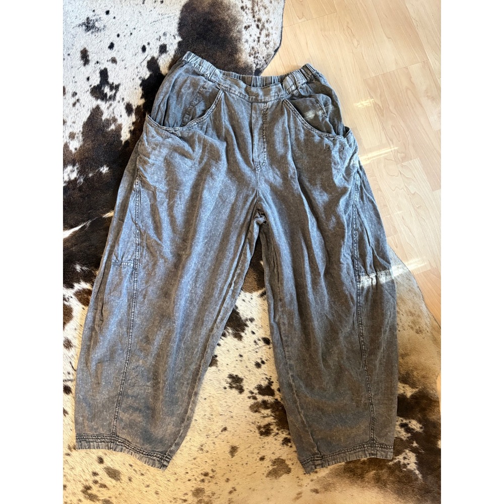 FREE PEOPLE High Road Pull On Linen Blend Barrel Pants Size Large Acid Wash - Picture 2 of 9